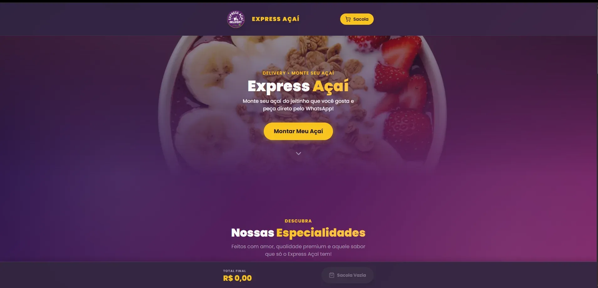 Projeto Express Açaí — Loja online com pedidos direto pelo WhatsApp — simples para o dono e para o cliente.
