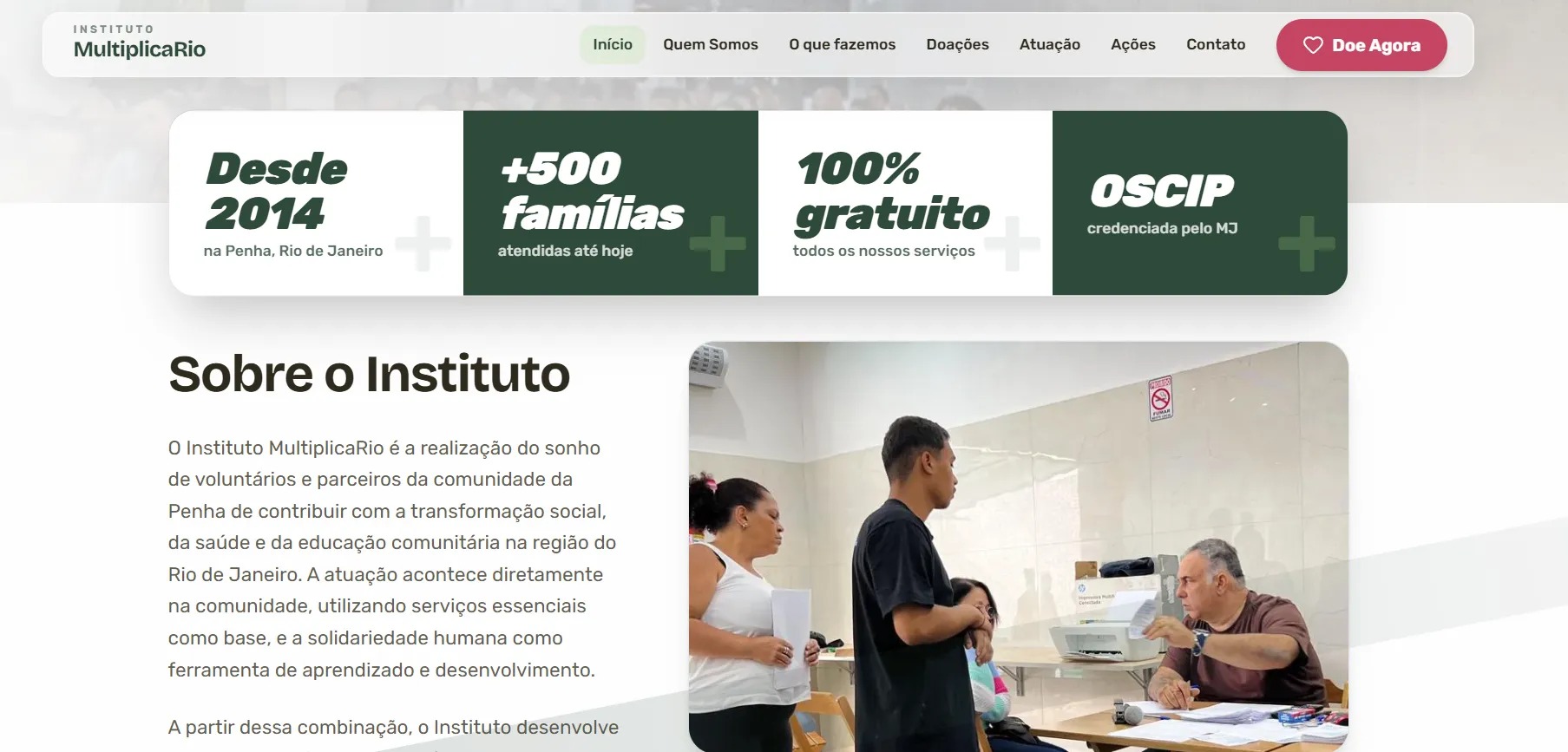 Projeto Instituto MultiplicaRio — Site institucional para ONG do Rio de Janeiro — apresenta a atuação, transparência e canal de doações.